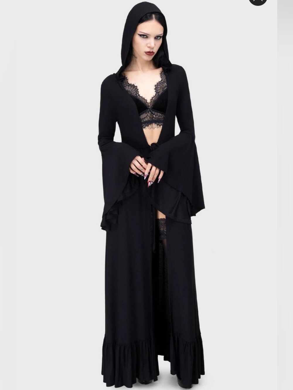 SOLD Killstar Black Duster Cardigan Medium Gothic Witchy Kimono Hooded Robe - Picture 2 of 11